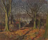 James Torrington Bell, VILLAGE BY THE WOODS, AUTUMN, oil on canvas