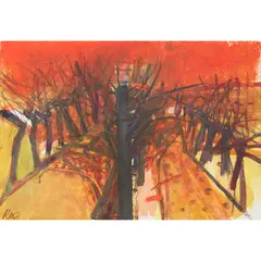 MENERBES, AUTUMN by Barbara Rae, mixed media on paper, sold Jan 2024