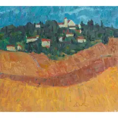 George Devlin, MEDITERRANEAN HARVEST FIELDS WITH HILL TOWN, oil on canvas