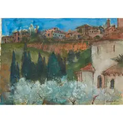 TUSCAN HILL VALLEY WITH ABBEY by Ann Oram, pen and gouache on Khadi paper, sold Jan 2024