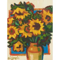 Joan Gillespie, SUNFLOWERS ON BLUE, oil on paper