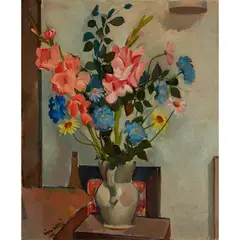 William Crosbie, STILL LIFE WITH VASE ON A GREY GROUND, oil on canvas