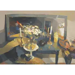 Hazel Nagl, FRUIT AND FLOWERS, mixed media on board