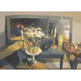 Hazel Nagl, FRUIT AND FLOWERS, mixed media on board