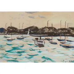 Paul Maze, RACING DINGHYS RIDING ON THEIR MOORINGS, pastel on buff paper,