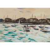 Paul Maze, RACING DINGHYS RIDING ON THEIR MOORINGS, pastel on buff paper,
