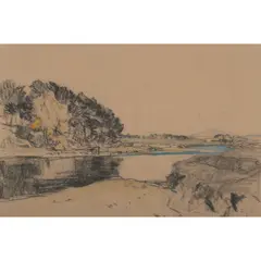 Sir David Young Cameron, THE UPPER CLYDE, cont é and watercolour on brown paper