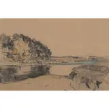 Sir David Young Cameron, THE UPPER CLYDE, cont é and watercolour on brown paper