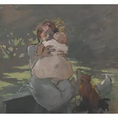 Mabel Allington Royds, GIRL, BABY AND THREE HENS, watercolour on brown paper