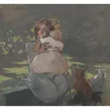 Mabel Allington Royds, GIRL, BABY AND THREE HENS, watercolour on brown paper
