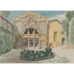 GROTTO IN THE BOBOLI GARDENS, FLORENCE, CONTAINING GIAMBOLOGNA'S 'VENUS OF THE LITTLE GROTTO', 1944/45 by John Aldridge, ink and watercolour, sold Apr 2024