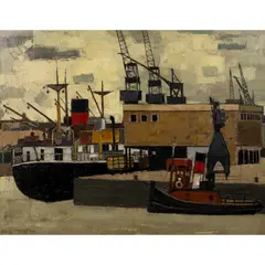 John Copnall, SUNSET DOCKS, 1958, oil on board