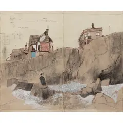 COASTAL LANDSCAPE, YORKSHIRE by Bryan Ingham, initialled in pencil (lower right), pencil, pen, ink, crayon and gouache on hinged paper, offered Apr 2024