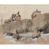 Bryan Ingham, COASTAL LANDSCAPE, YORKSHIRE, initialled in pencil (lower right), pencil, pen, ink, crayon and gouache on hinged paper