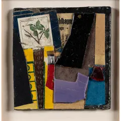 STILL LIFE WITH GLASS AND MATCHES, BREMEN, 1985 by Bryan Ingham, collage on board, sold Apr 2024