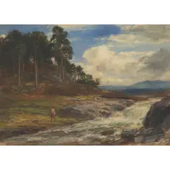 John MacWhirter, FISHING BELOW THE FALLS, oil on canvas