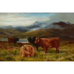 HIGHLAND YEARLINGS by Louis Bosworth Hurt, oil on canvas, sold Dec 2023