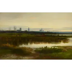 William Beattie-Brown, A RIVER LANDSCAPE WITH DISTANT TOWN AT DUSK, oil on canvas