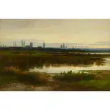 William Beattie-Brown, A RIVER LANDSCAPE WITH DISTANT TOWN AT DUSK, oil on canvas