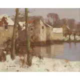 David Gauld, A RIVERSIDE VILLAGE IN THE SNOW, oil on canvas