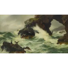 Peter Graham, WAVES BREAKING ON A ROCKY COAST, oil on canvas