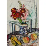 George Leslie Hunter, STILL LIFE OF FRUIT AND FLOWERS IN A BLUE AND WHITE VASE