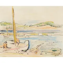 George Leslie Hunter, LE PORT DE L'OLIVETTE, CAP D'ANTIBES, pen and ink and pastel