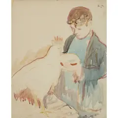 George Leslie Hunter, BOY WITH COCKEREL, pencil and watercolour