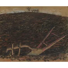 Joan Eardley, OLIVE GROVE AND PLOUGH, Pastel on brown paper