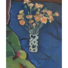 Denis Peploe, FLOWERS, BLUE BACKGROUND, oil on canvas