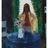 David McClure, BLUE TABLECLOTH WITH GIRL AT WINDOW, Oil on board