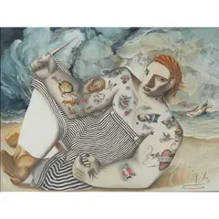John Byrne, TATTOOED BEACH BOY, pencil, ink and watercolour