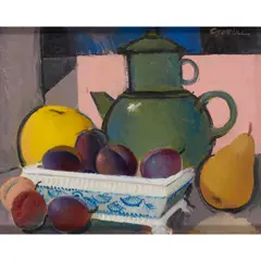 CAFETIERE VERTE by William Crosbie, 1985, oil on canvasboard, sold Aug 2023
