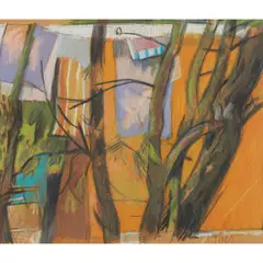 Archie Forrest, WASHING LINE AND TREES, SUNNY DAY, pastel on buff paper