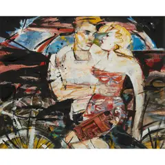 Peter McLaren, FIGURES WITH RED CAR (BLACK SKY), 1987, mixed media with collage