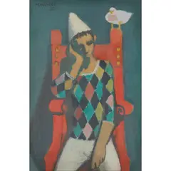 Alberto Morrocco, CLOWN AND PIGEON, 1982, oil on board