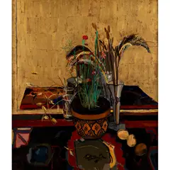 Ben Levene, Gold Still Life with Rock Carnation, 1992, oil on board