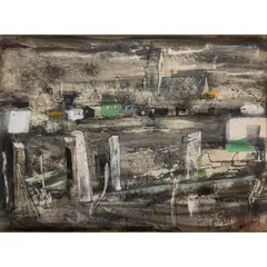 John Piper, Town, Church and Holiday Camp, Rhyl, Wales, ink, watercolour and gouache on paper