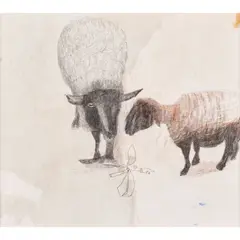 Mary Newcomb, Ewe and Lamb, ink, crayon and wash on paper