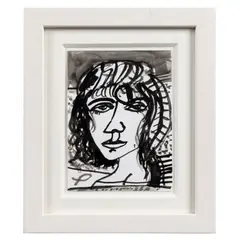 John Bellany, Portrait / Kneeling Man (For RCA Secret), ink on postcard