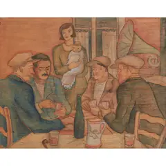 Viola Paterson, THE CARD PLAYERS, Pencil, stain and wash on panel