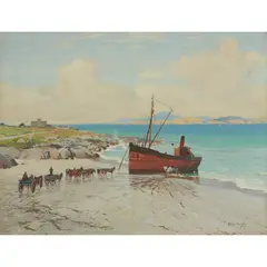 Robert Houston, UNLOADING THE COAL GABBART, MARTYRS BAY, IONA, oil on canvas