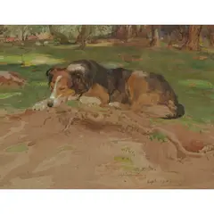 William Walls, SLEEPING COLLIE, OPSIDALE, 1909, watercolour on buff paper