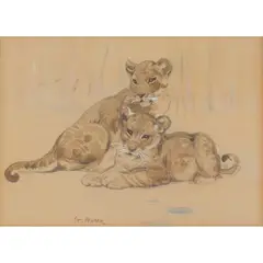 William Walls, LION CUBS, watercolour and pencil,
