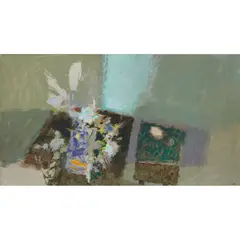 Drummond Mayo, INTERIOR WITH FLOWERS, oil on board