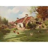 Robert Russell MacNee, HENS IN A FARMYARD, oil on canvas