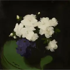 HYDRANGEAS ON A GREEN TABLE by Stuart Park, oil on canvas, sold Jun 2023