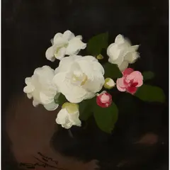 CAMELIAS ON A BROWN TABLE by Stuart Park, oil on canvas, sold Jun 2023
