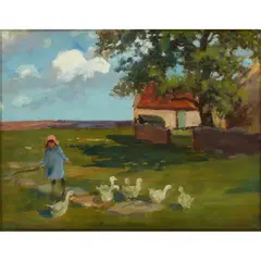 Margaret Isobel Wright, THE GOOSE GIRL, oil on canvas laid down on board