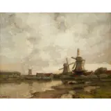 James Campbell Noble, A RIVER LANDSCAPE WITH WINDMILLS AT SUNSET, oil on canvas
